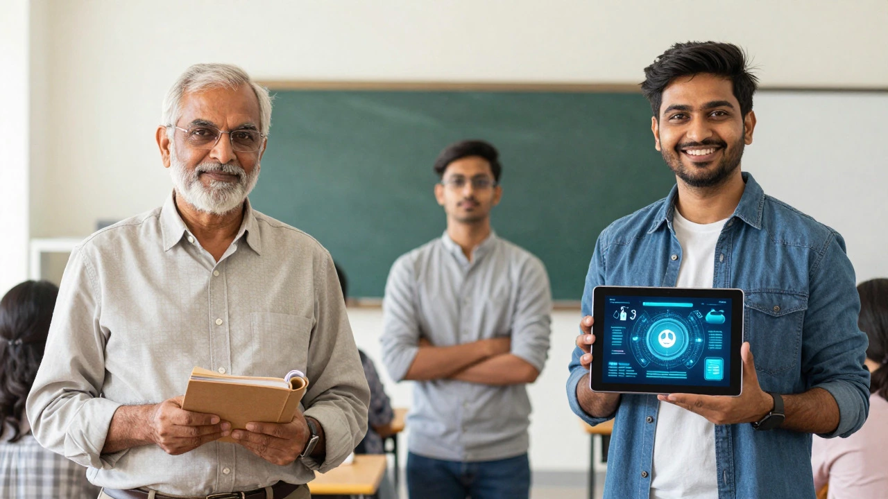 Senior and young teachers blending experience with modern tech for students