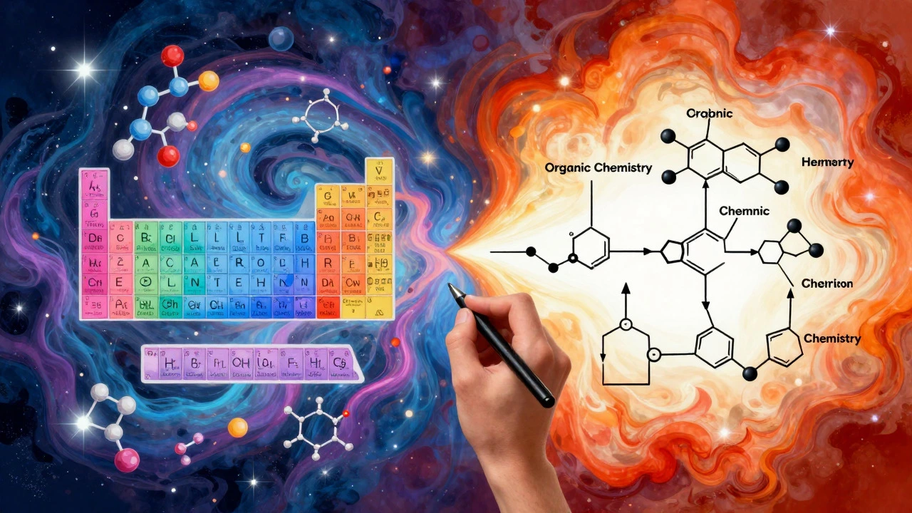 Artistic depiction of molecular structures and reaction mechanisms colliding