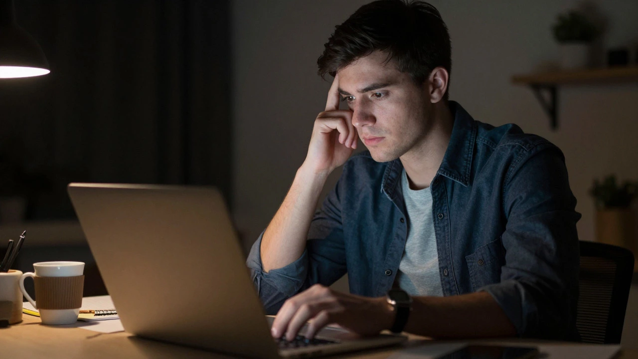Focused professional working on a laptop in a dimly lit home office