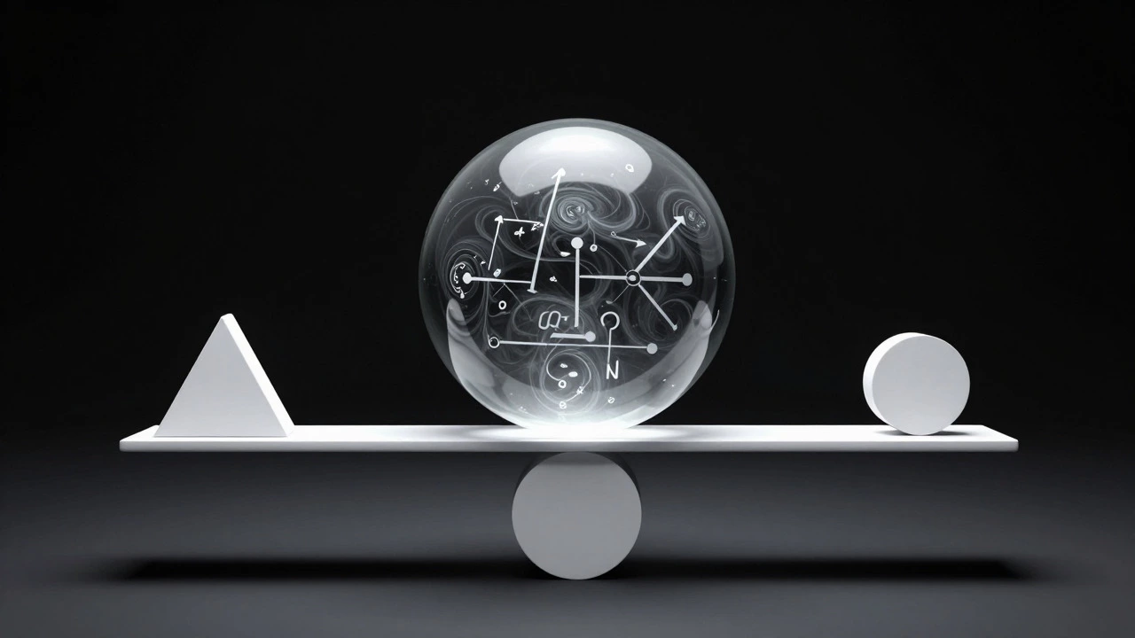 Fragile glass sphere with fractal patterns balancing on a geometric beam
