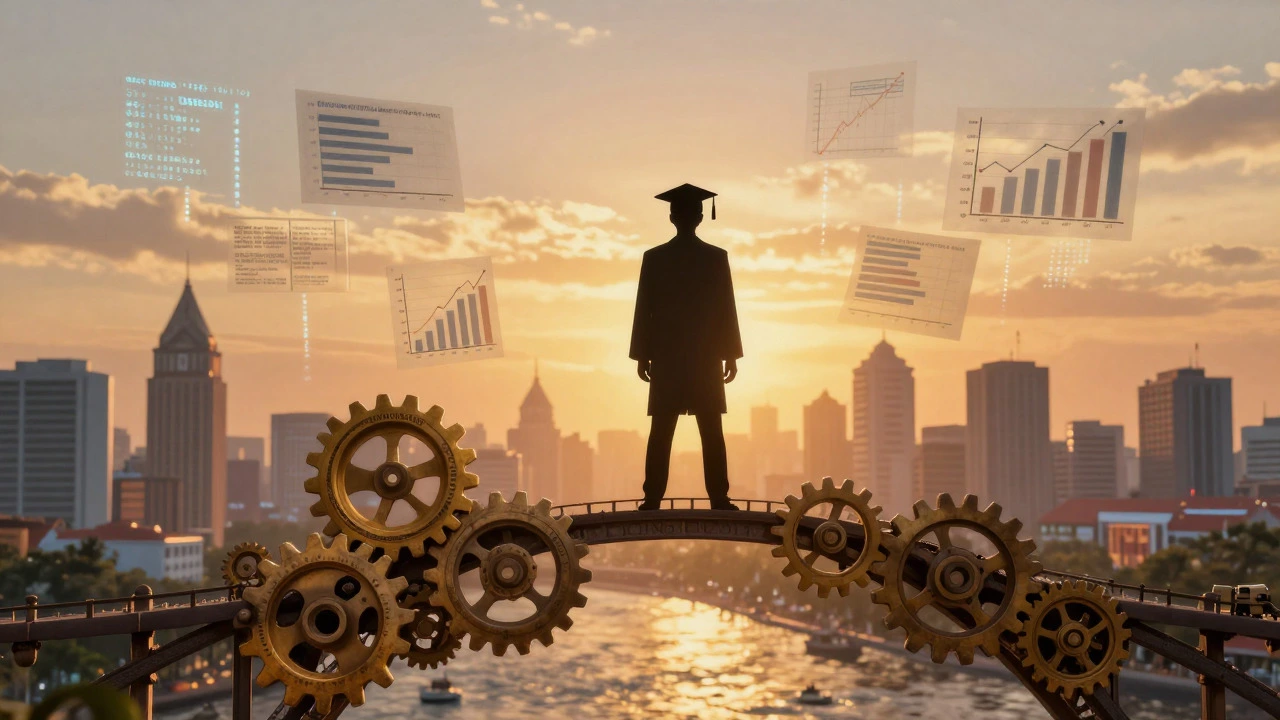 Graduate standing triumphantly over symbols of business skills mastery