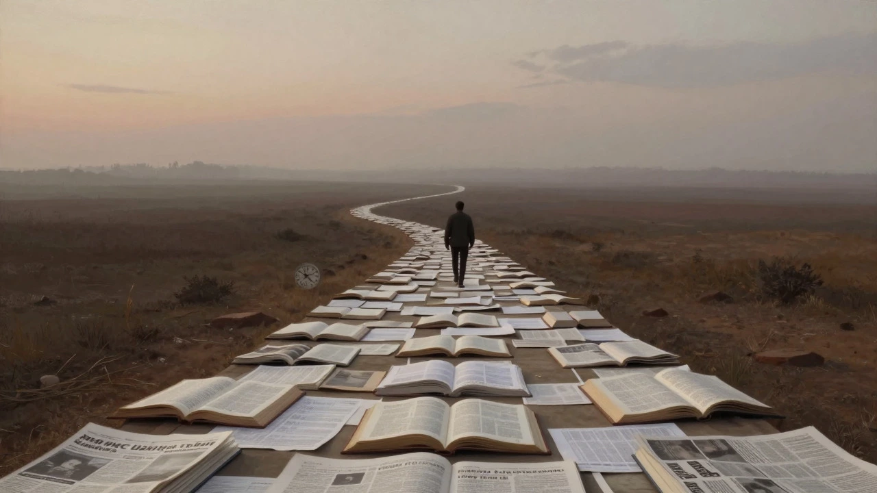 Lone figure walking a path made of books towards horizon