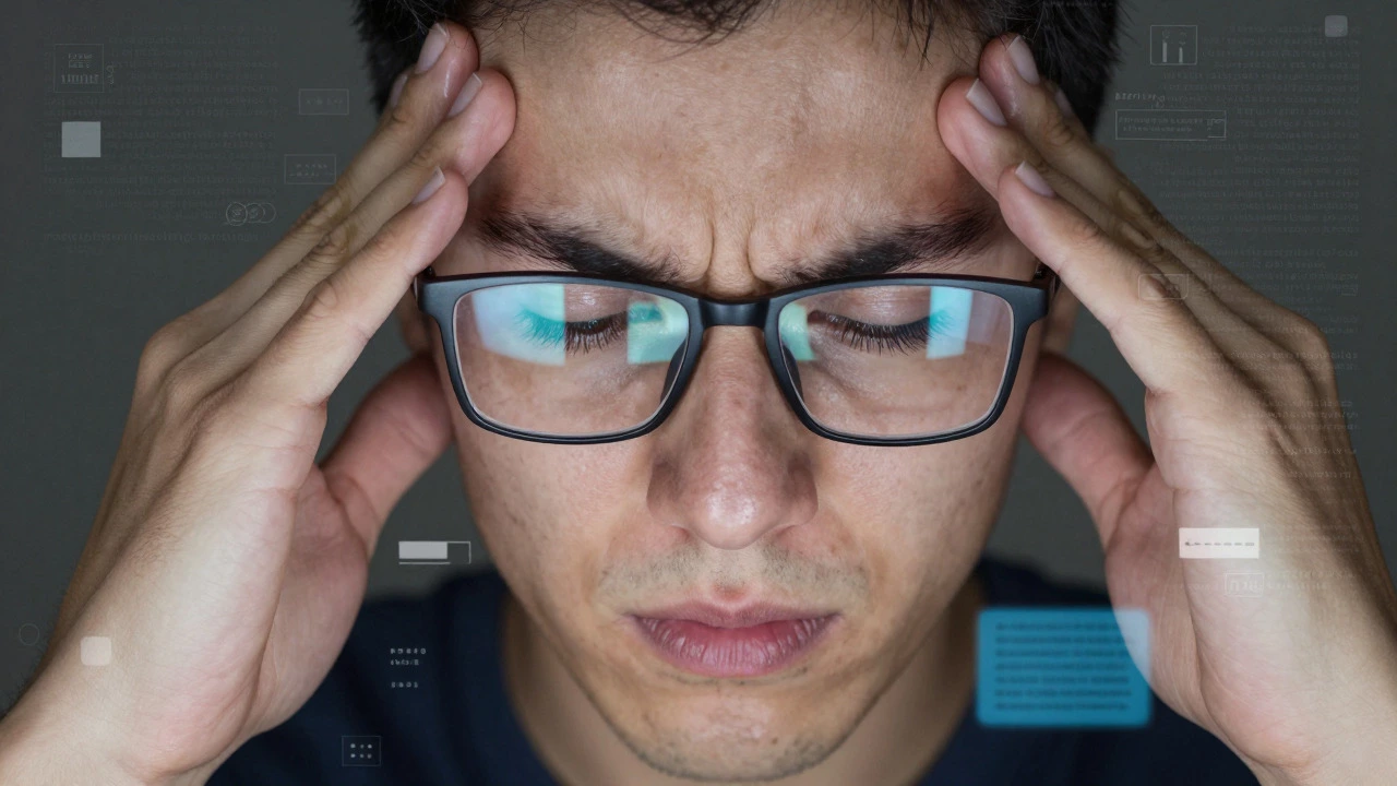 Person experiencing eye strain and tech frustration during online study