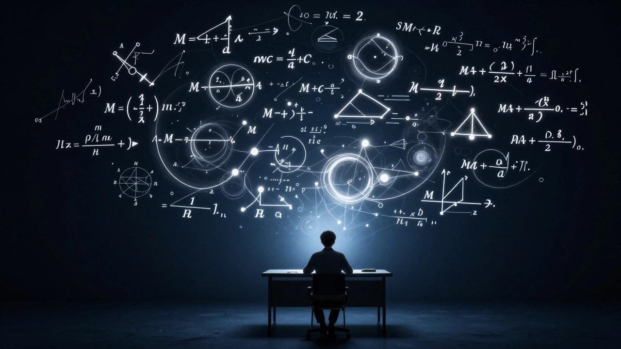Student surrounded by floating complex math equations