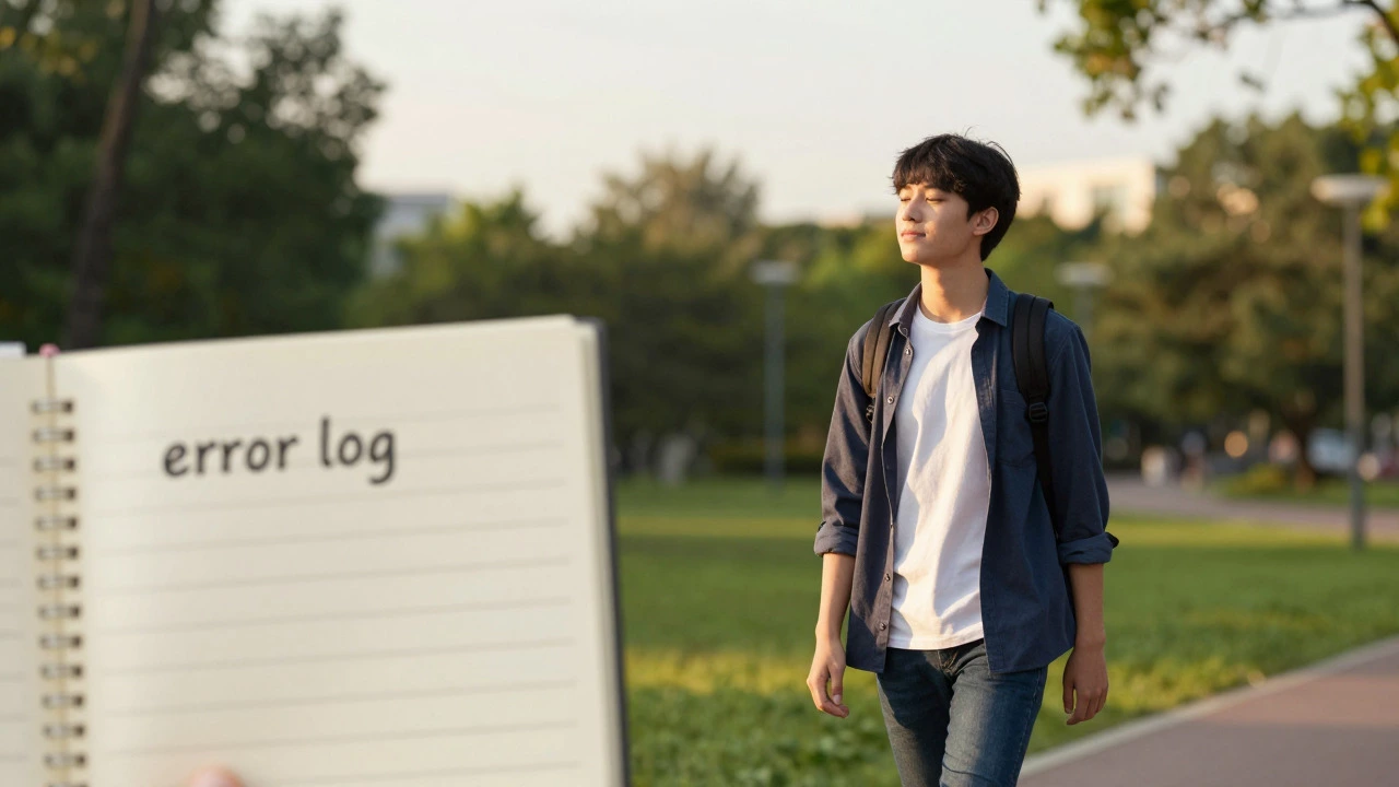 Student taking a peaceful walk in a park to manage stress during exam preparation