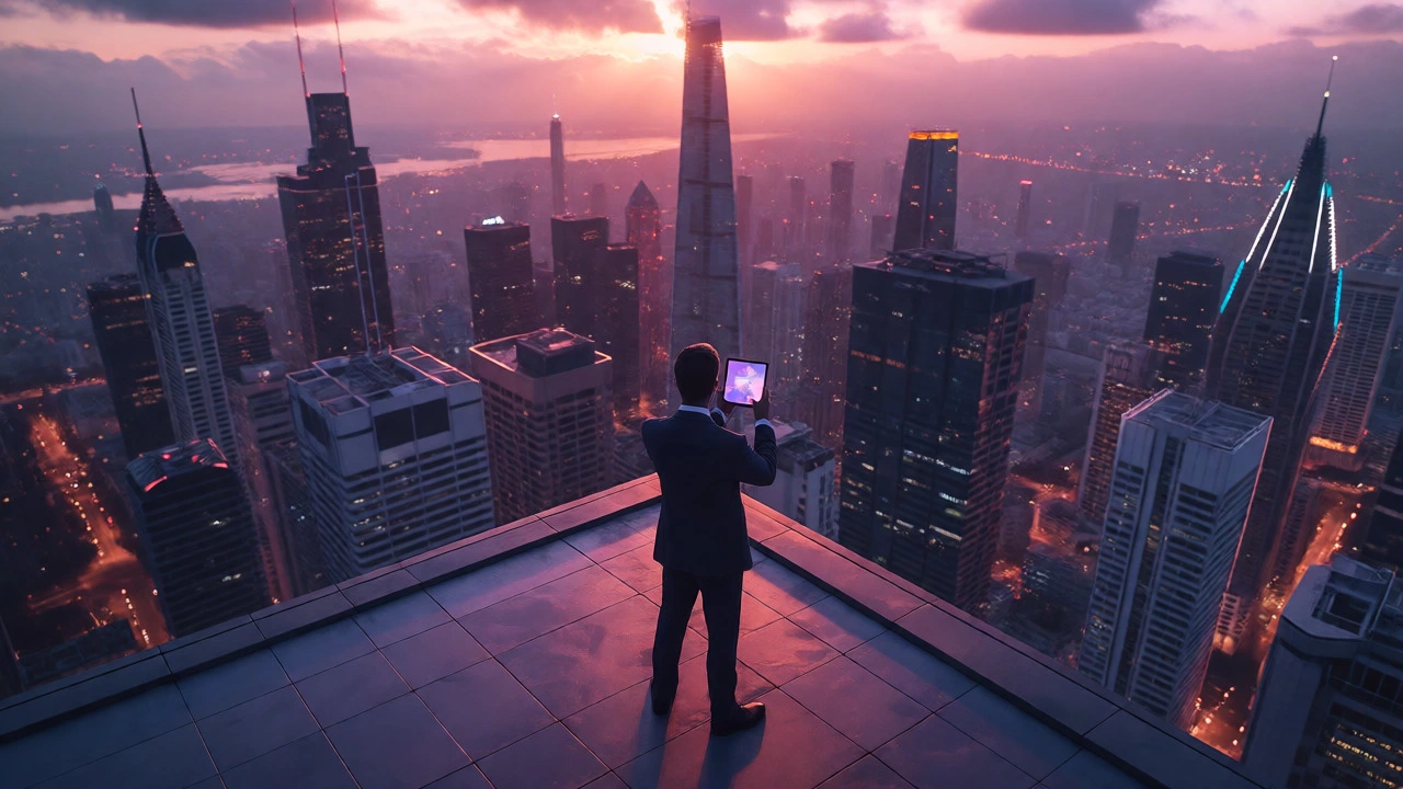 CEO on a skyscraper rooftop overlooking city skyline at dusk