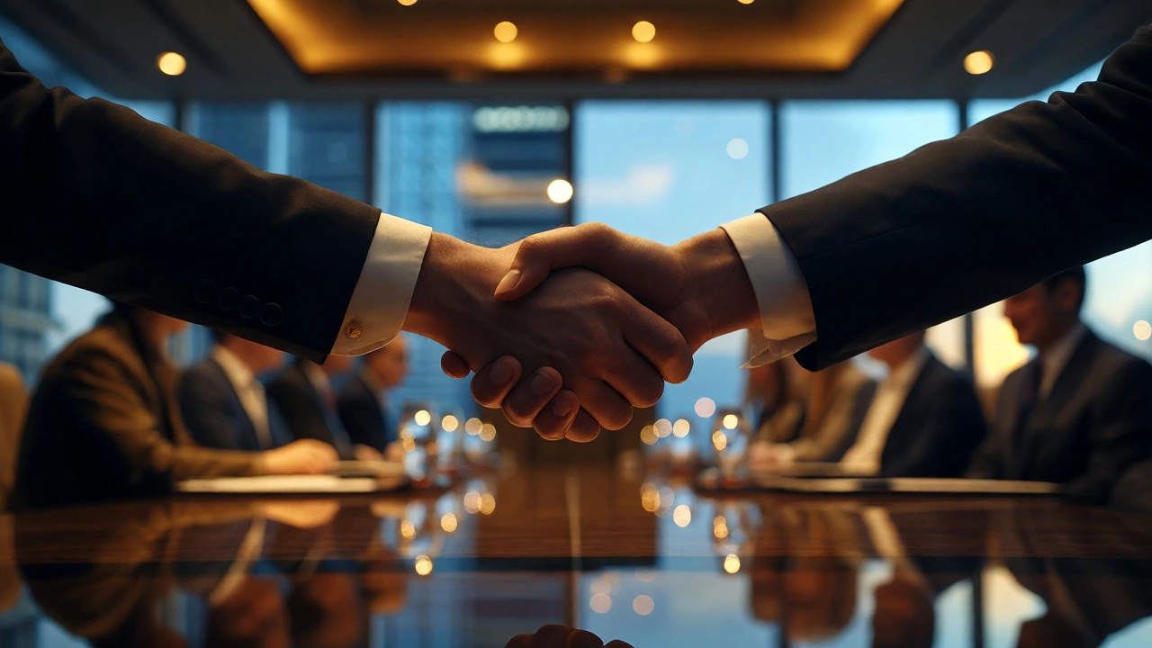 Close-up of a firm handshake in a luxury boardroom with city views