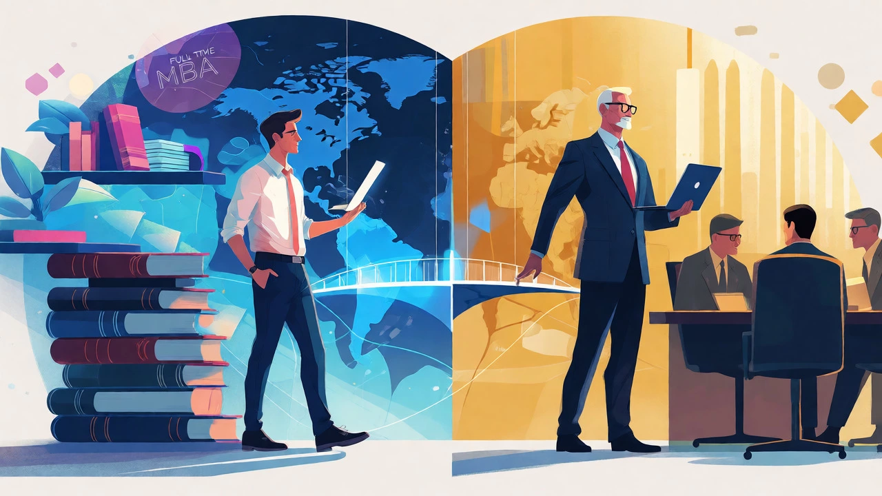 Conceptual art comparing Full-Time and Executive MBA paths