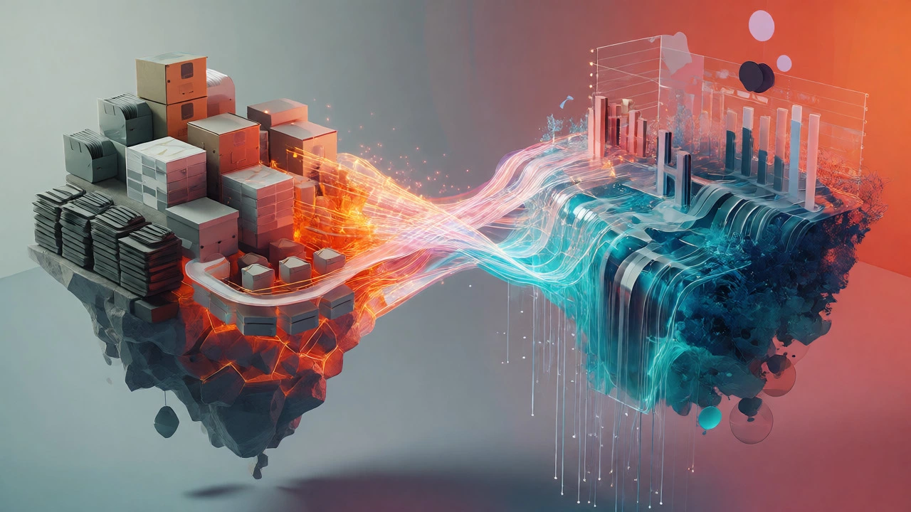 Glass bridge connecting isolated data blocks to a vibrant analytics ecosystem