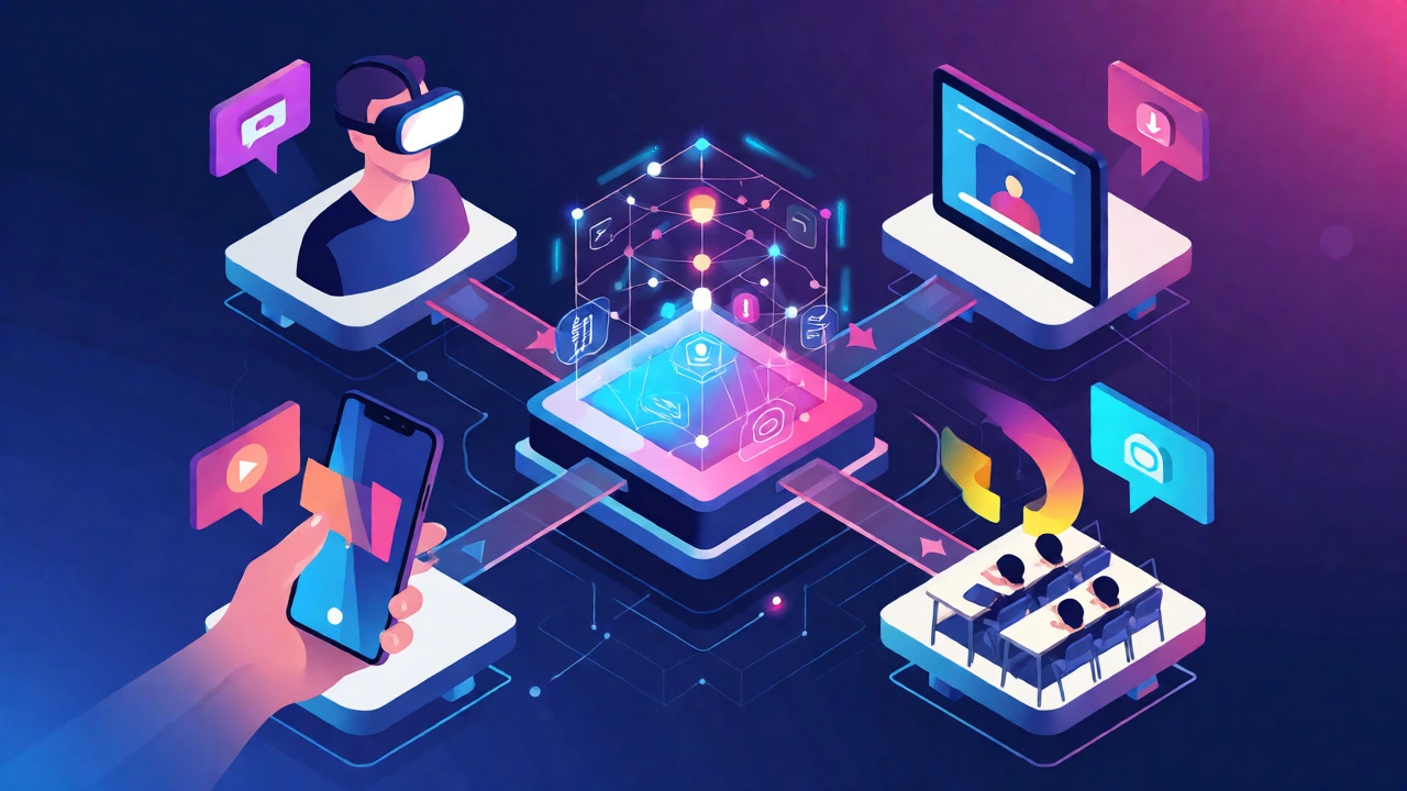 Network diagram connecting VR, mobile, and classroom devices to a central hub
