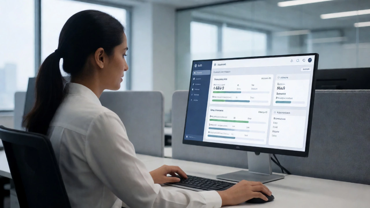 Office worker managing corporate training tasks on a learning management system dashboard.