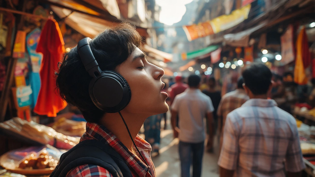 Person shadowing audio in a busy Indian street market