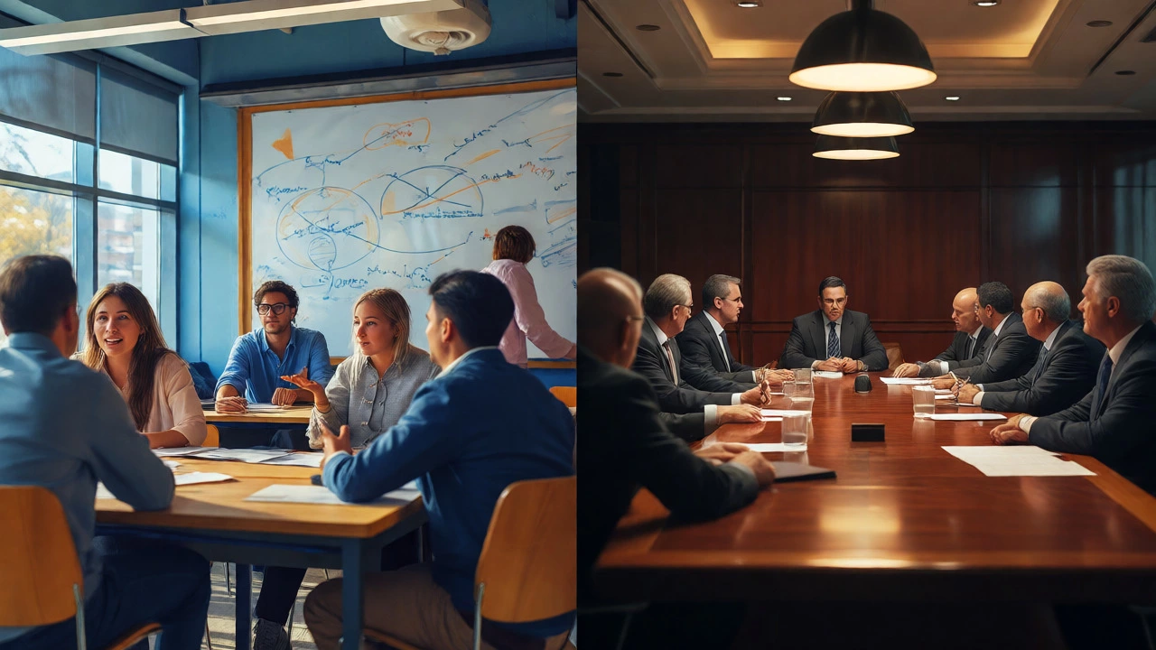 Split view of energetic student classroom versus formal executive meeting