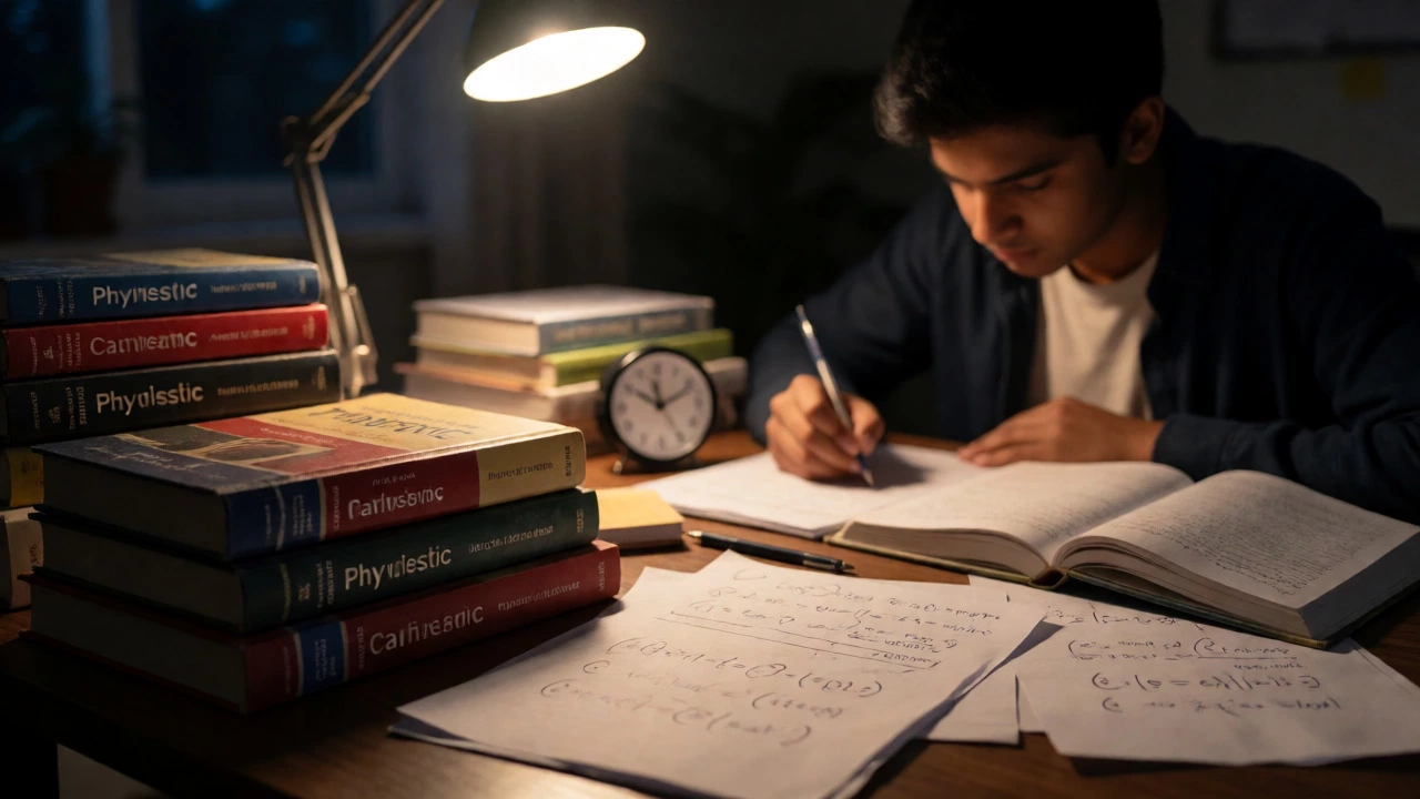Student studying intensely at a desk late at night with physics and math books.