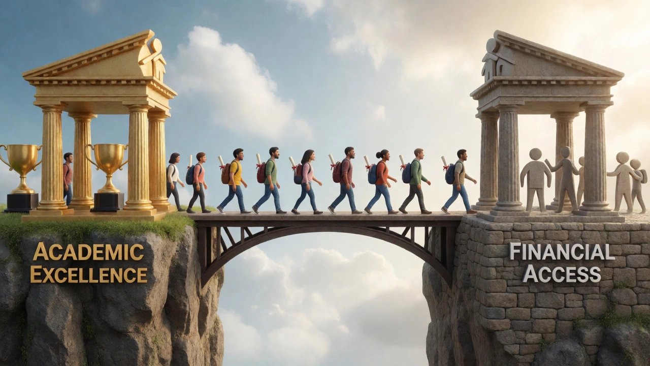 Students crossing a bridge symbolizing combined merit and need scholarships