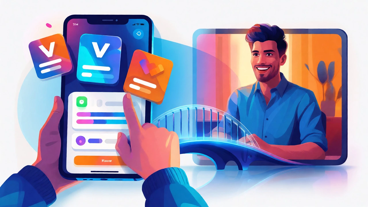 Concept art blending mobile language apps with live tutoring sessions