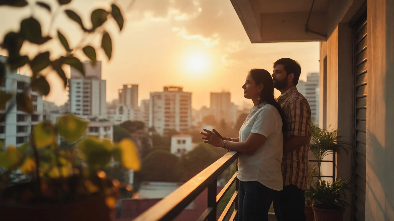 Couple on a balcony at sunset, contemplating long-term financial security.