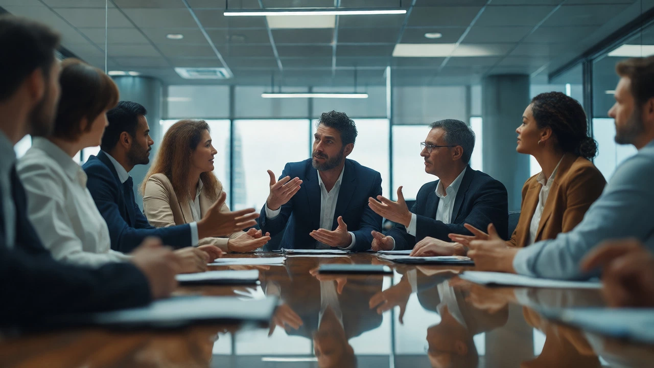 Diverse team engaging in confident business meeting discussion