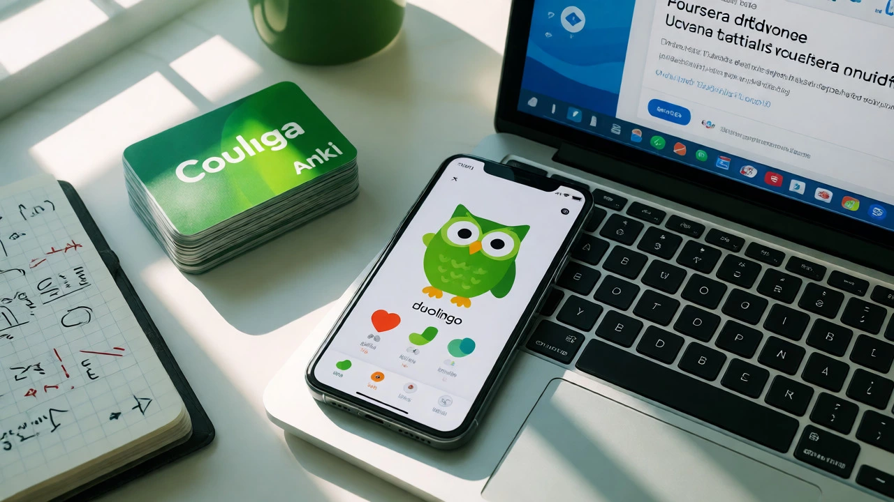Flat lay of devices showing Duolingo, Coursera, and Anki materials