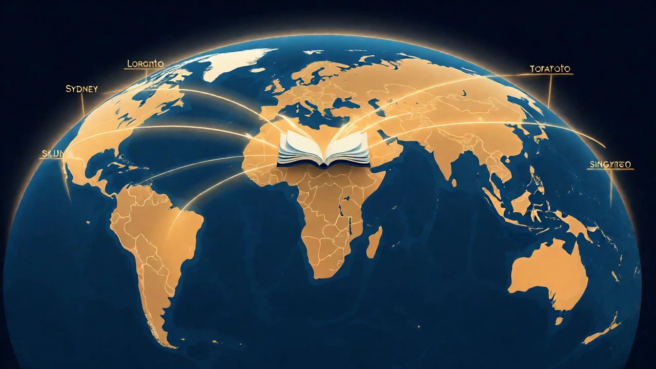 Globe visualization showing CBSE's global reach from India to international cities.