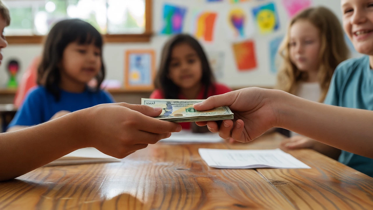 Hands exchanging payment in a niche classroom setting