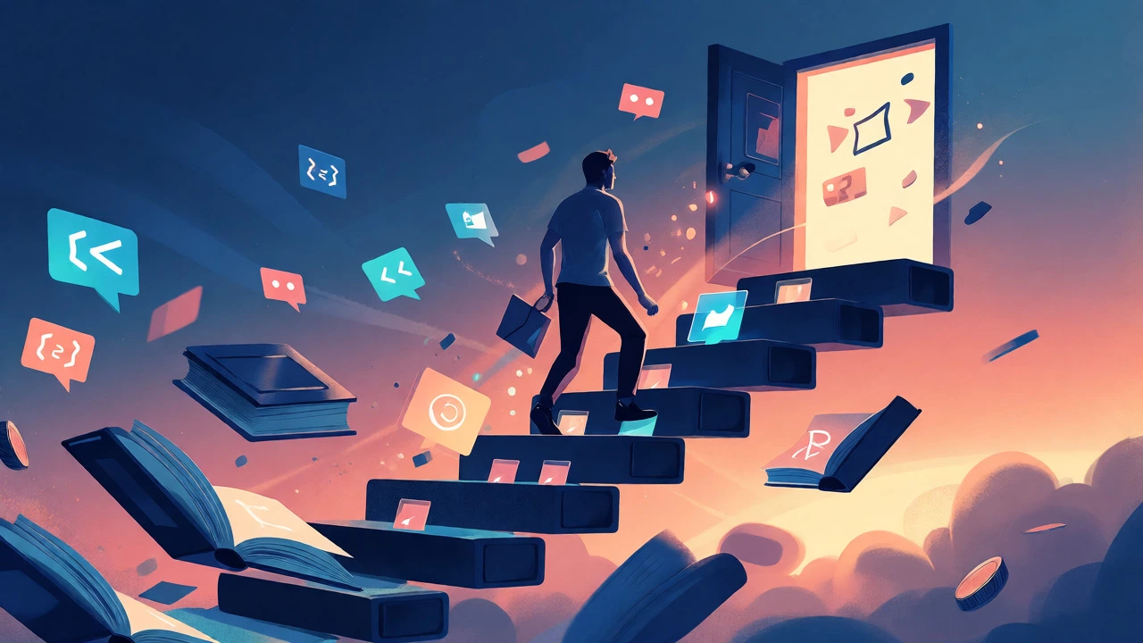Illustration of a person climbing stairs of knowledge towards an open future