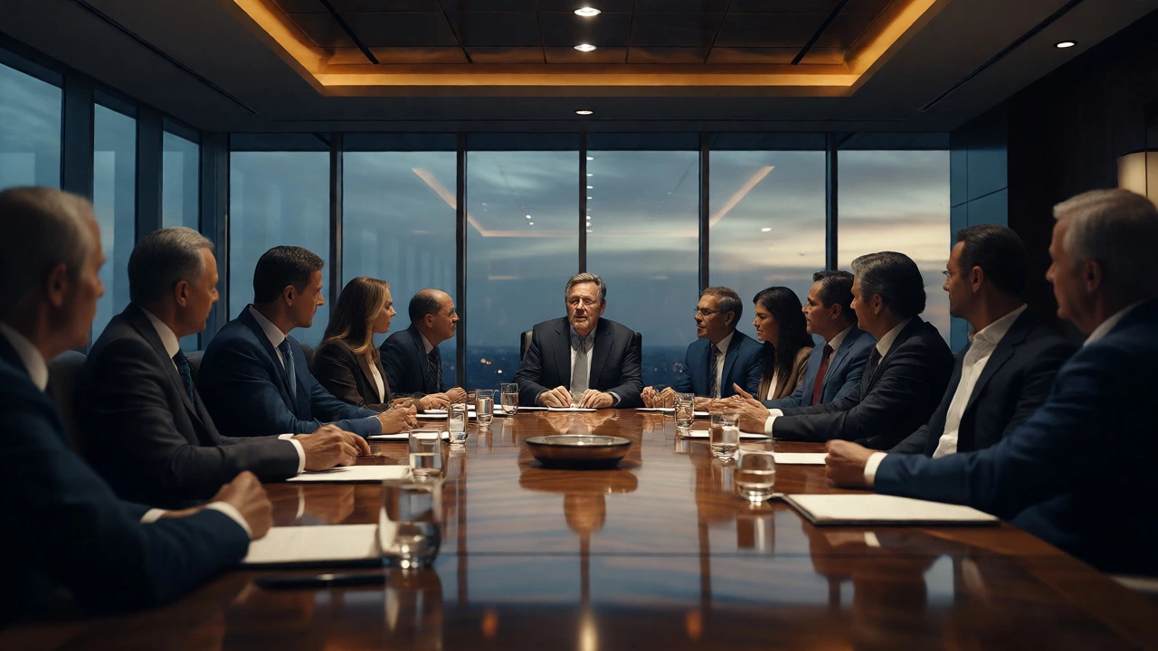 Senior executives discussing strategy in a boardroom for an EMBA