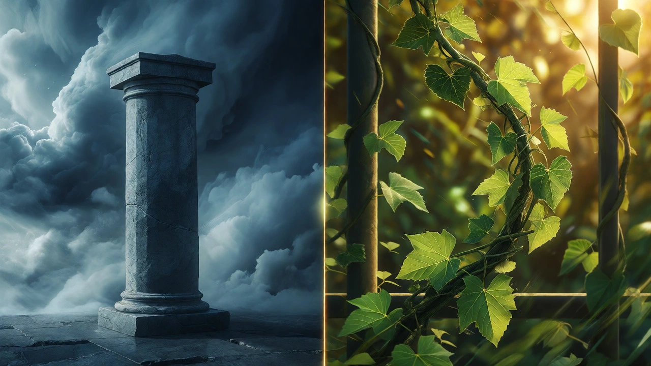 Split image contrasting a stable stone pillar with a rapidly growing vine.