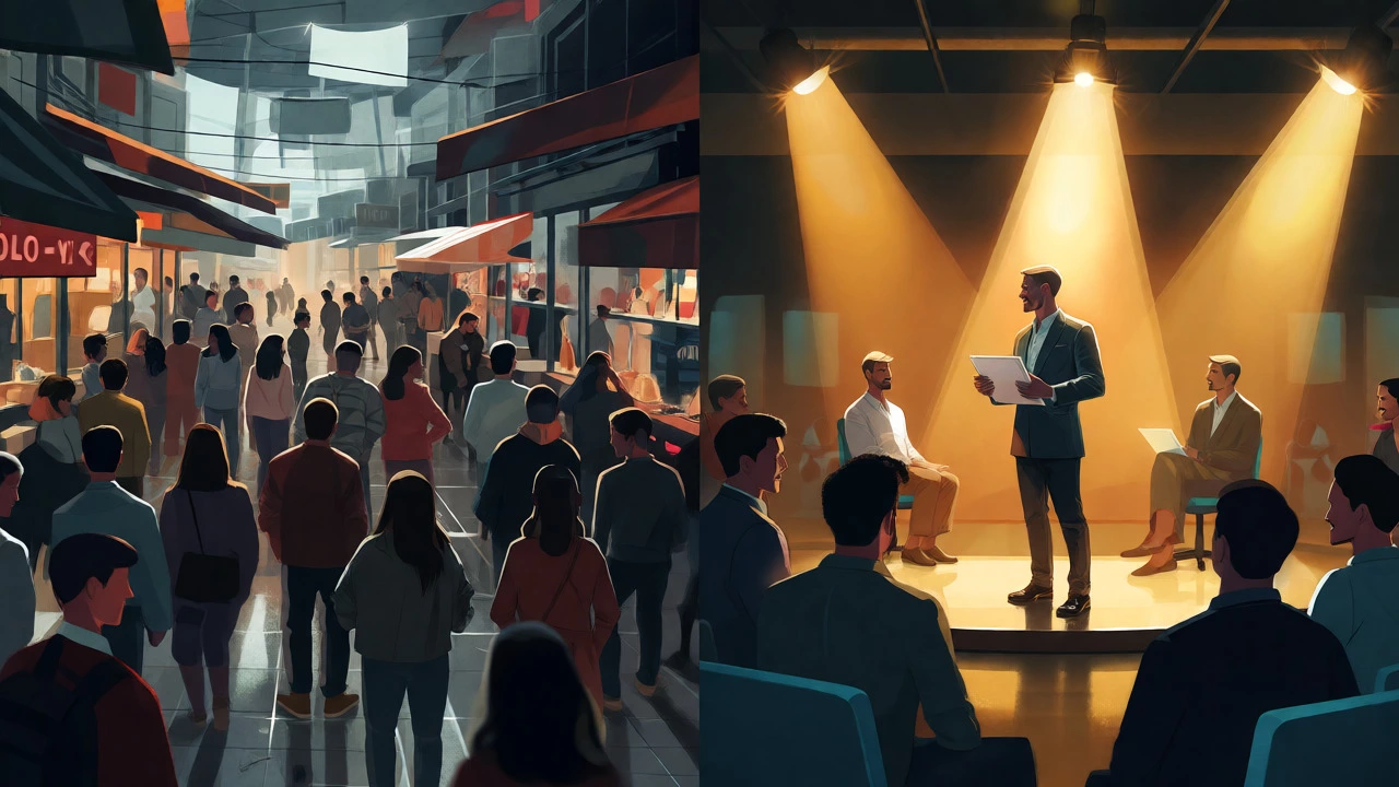 Split view comparing crowded marketplace vs premium studio