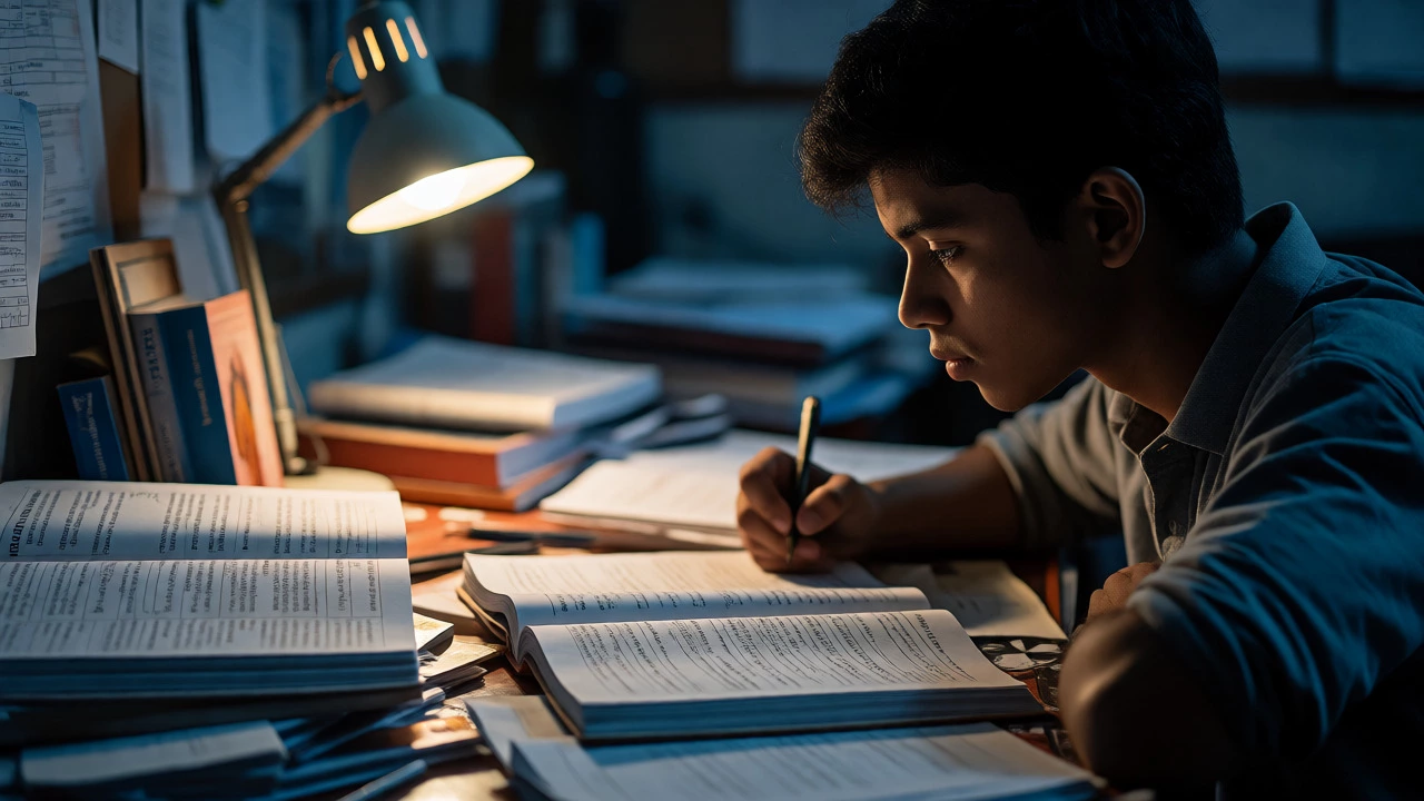 Teenager intensely studying science and math for competitive exams at night.